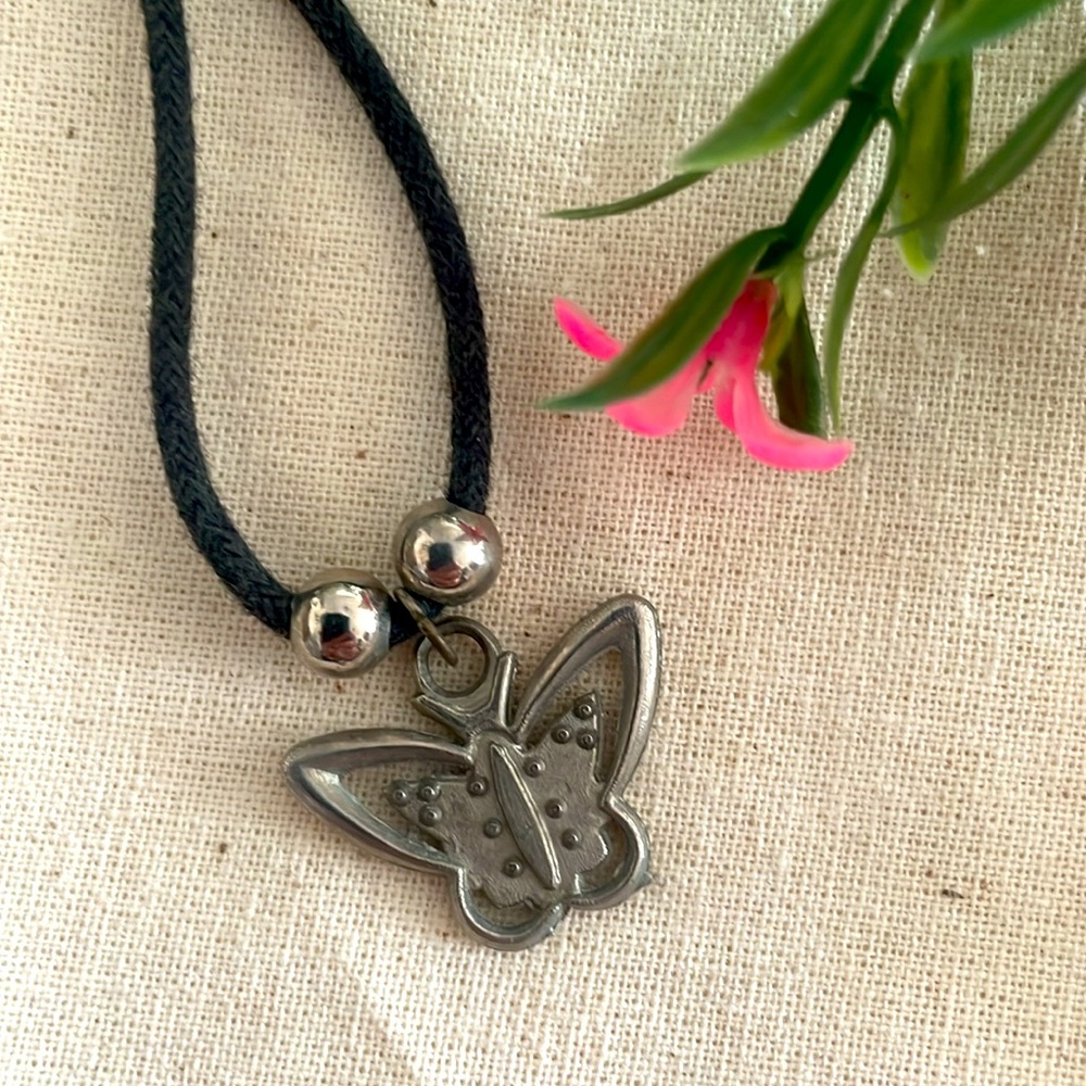 Black Rope Chain Necklace Metal Butterfly Charm Steel Beads